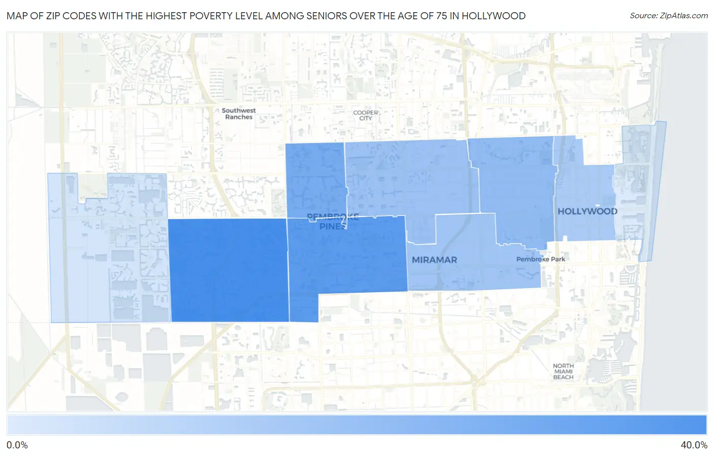 Zip Codes with the Highest Poverty Level Among Seniors Over the Age of 75 in Hollywood Map