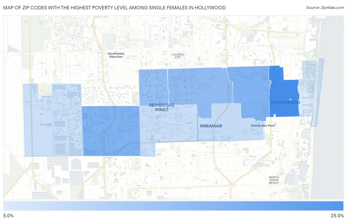 Zip Codes with the Highest Poverty Level Among Single Females in Hollywood Map