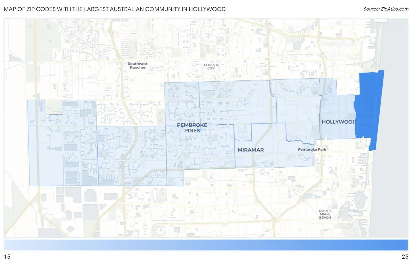 Zip Codes with the Largest Australian Community in Hollywood Map