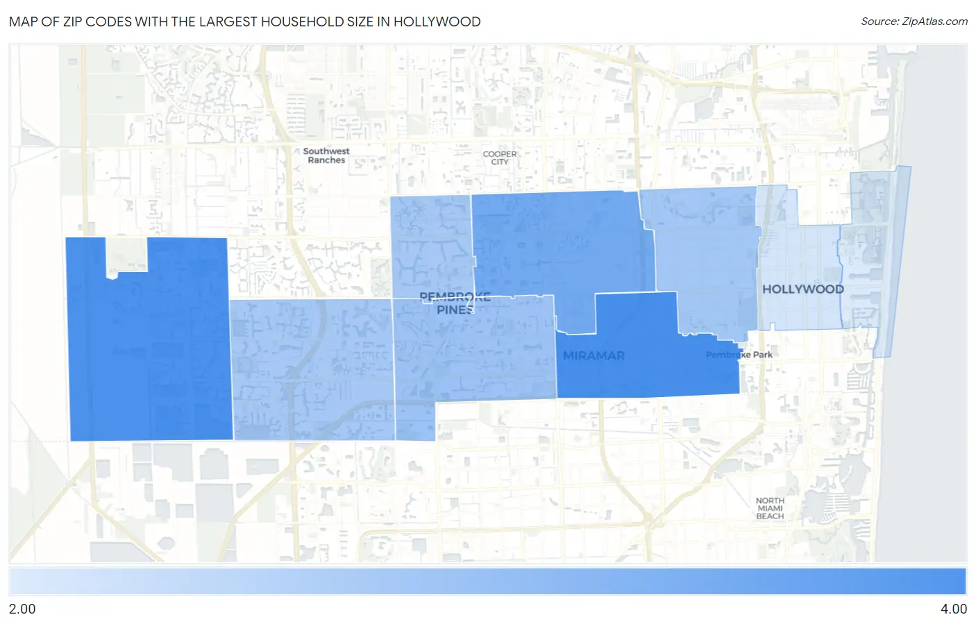 Zip Codes with the Largest Household Size in Hollywood Map