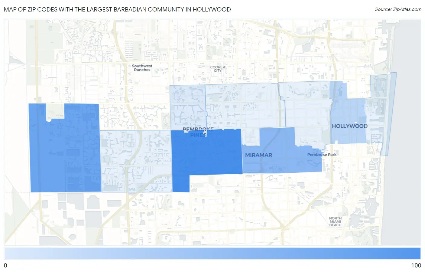 Zip Codes with the Largest Barbadian Community in Hollywood Map