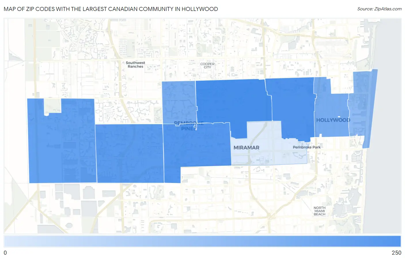Zip Codes with the Largest Canadian Community in Hollywood Map