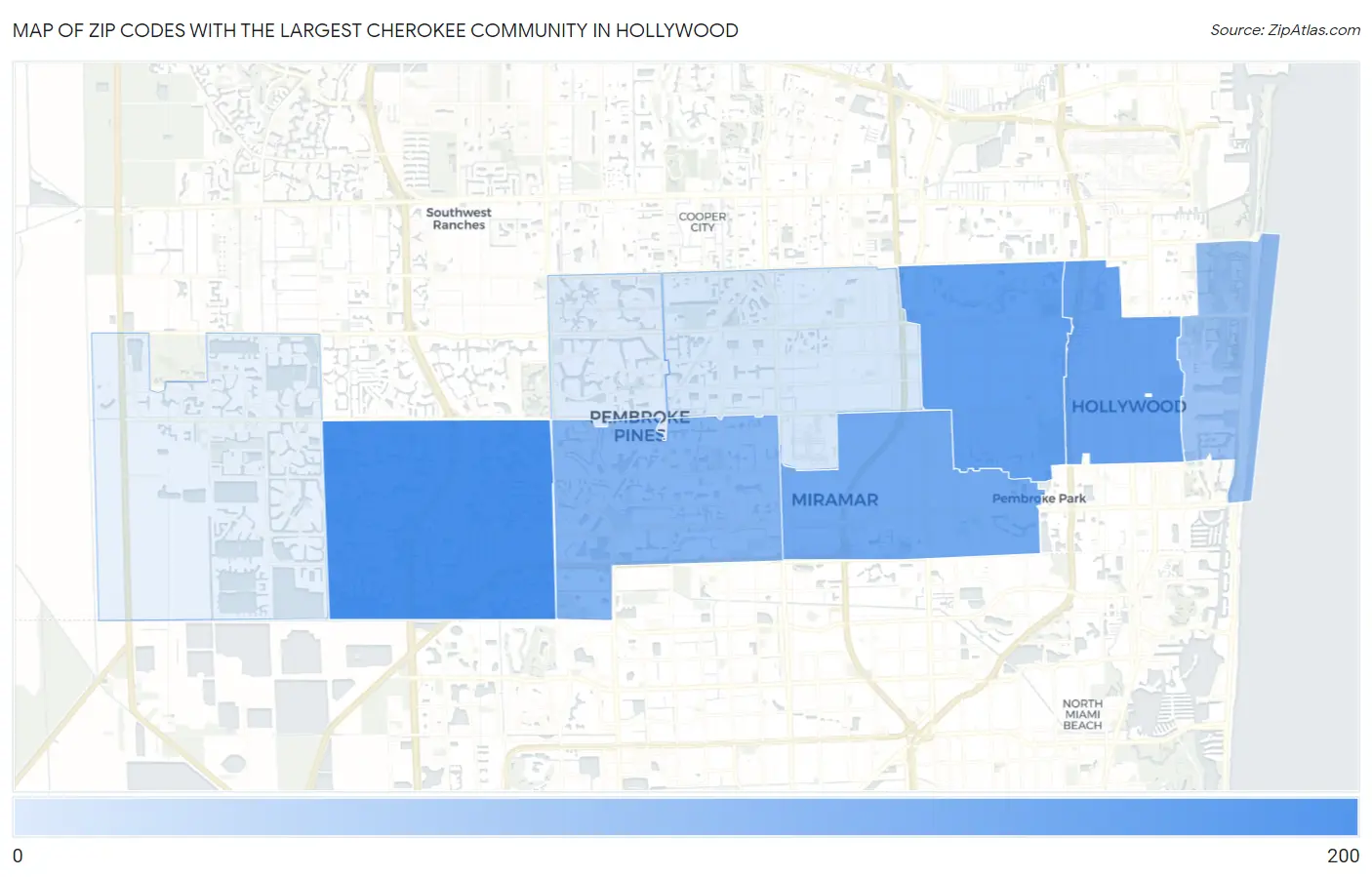 Zip Codes with the Largest Cherokee Community in Hollywood Map