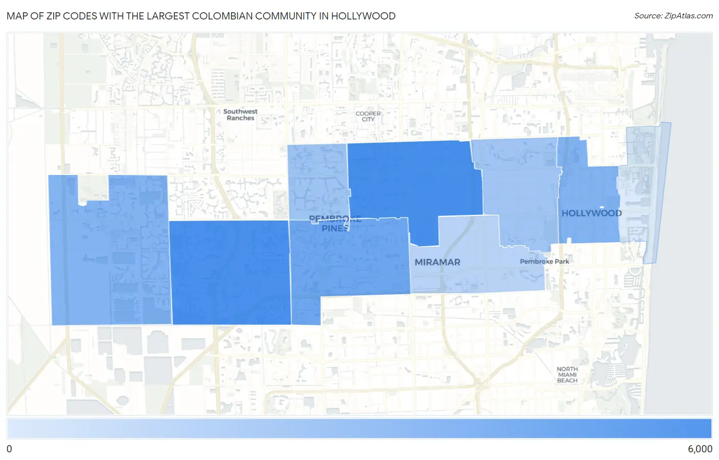 Zip Codes with the Largest Colombian Community in Hollywood Map