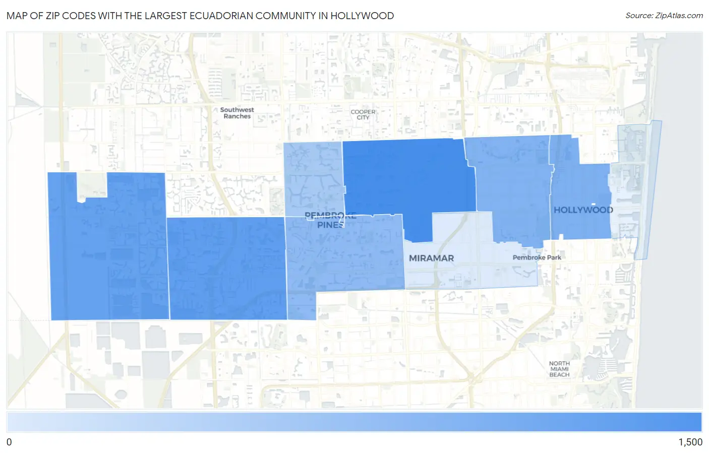 Zip Codes with the Largest Ecuadorian Community in Hollywood Map