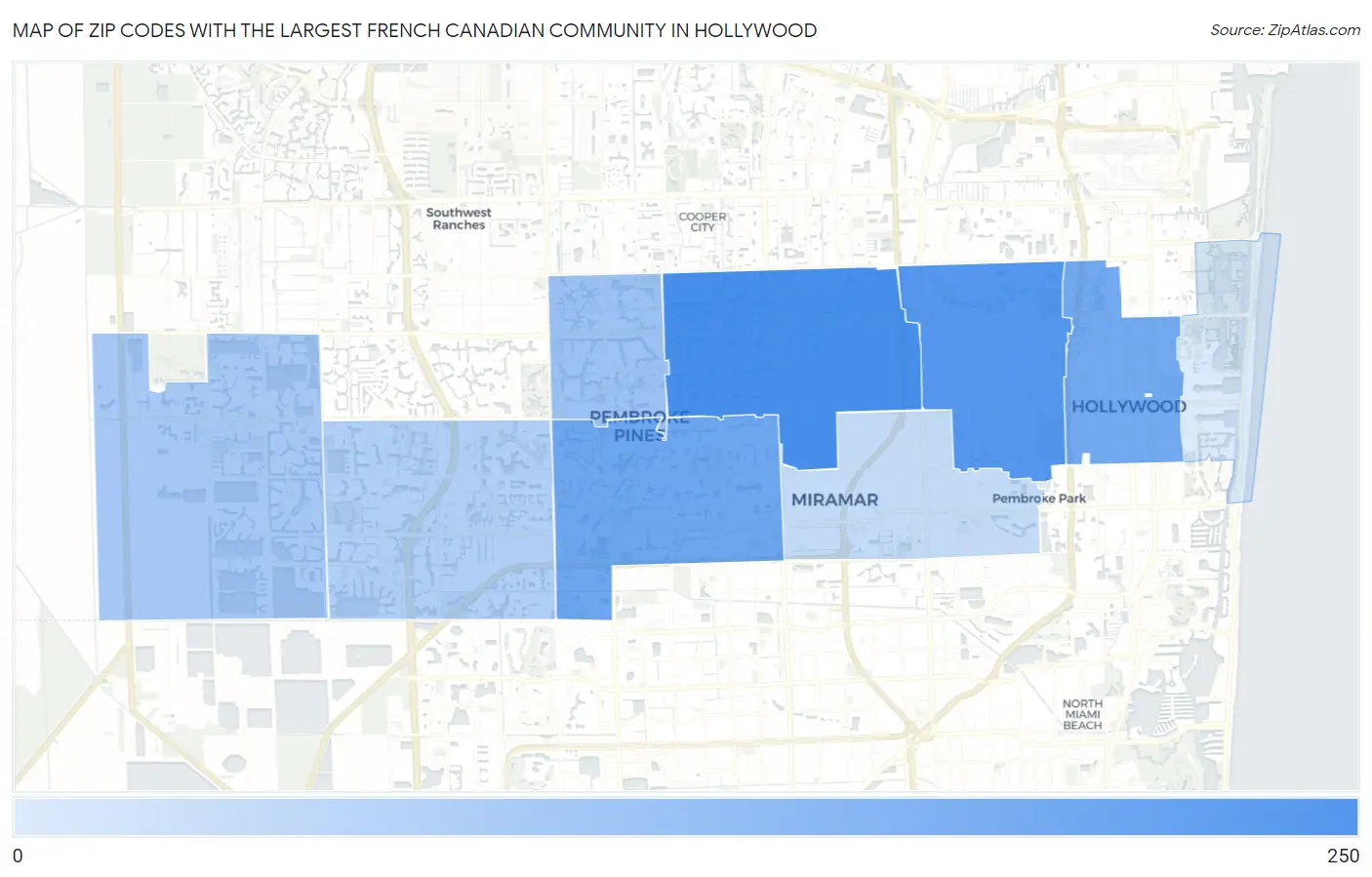 Zip Codes with the Largest French Canadian Community in Hollywood Map