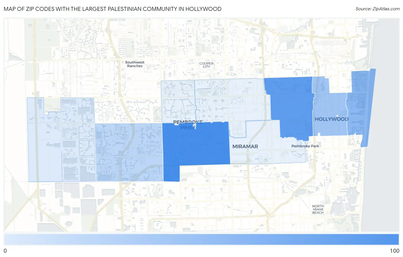 Zip Codes with the Largest Palestinian Community in Hollywood Map