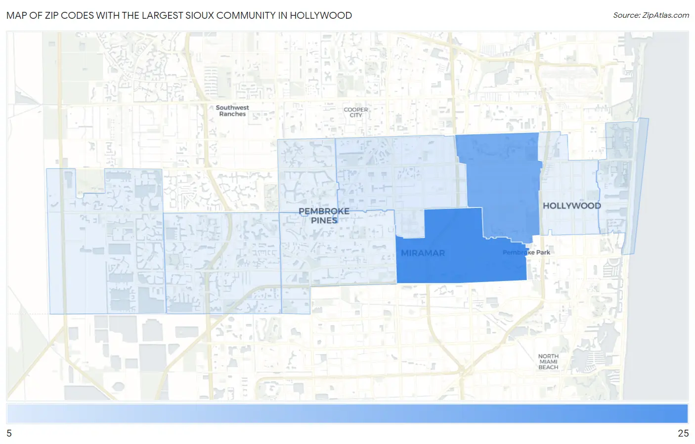 Zip Codes with the Largest Sioux Community in Hollywood Map