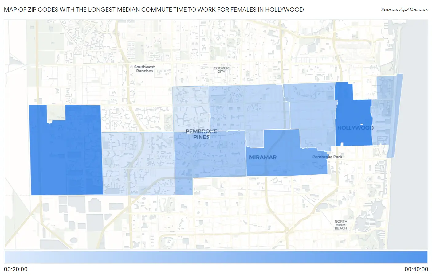 Zip Codes with the Longest Median Commute Time to Work for Females in Hollywood Map