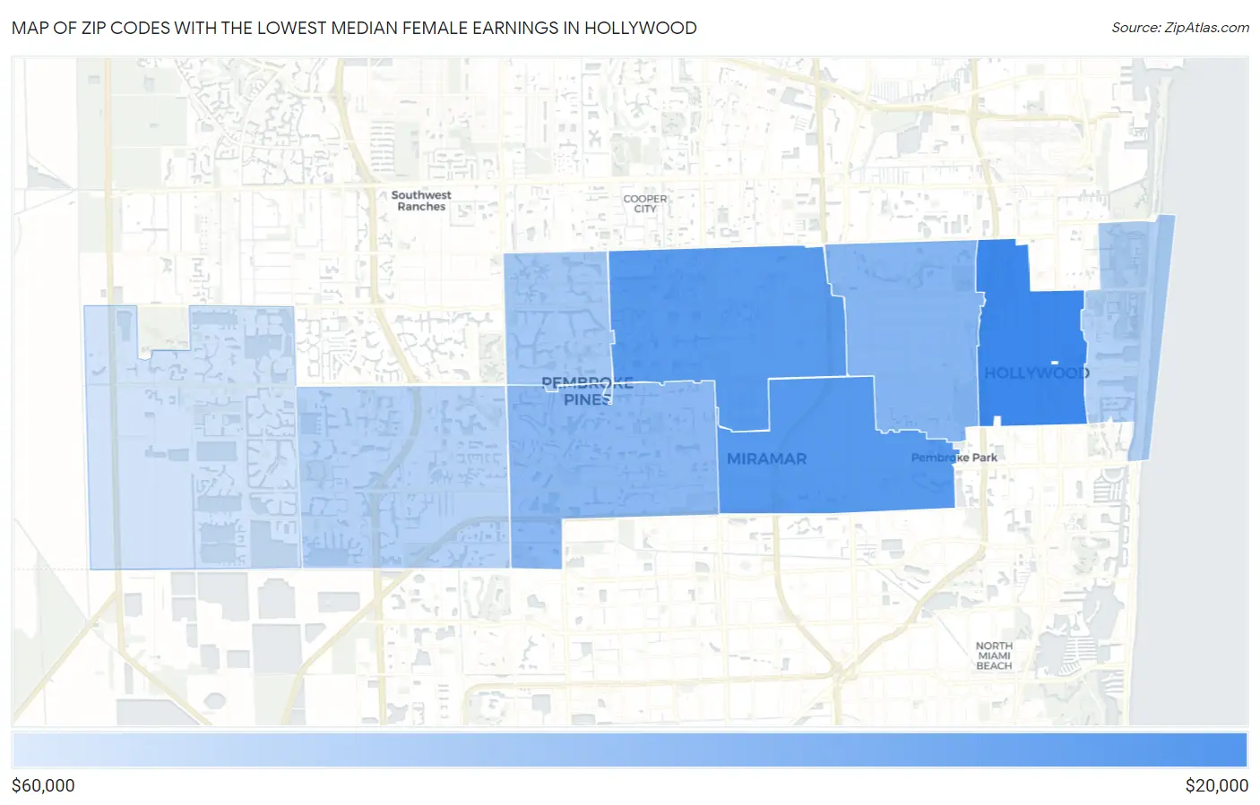 Zip Codes with the Lowest Median Female Earnings in Hollywood Map