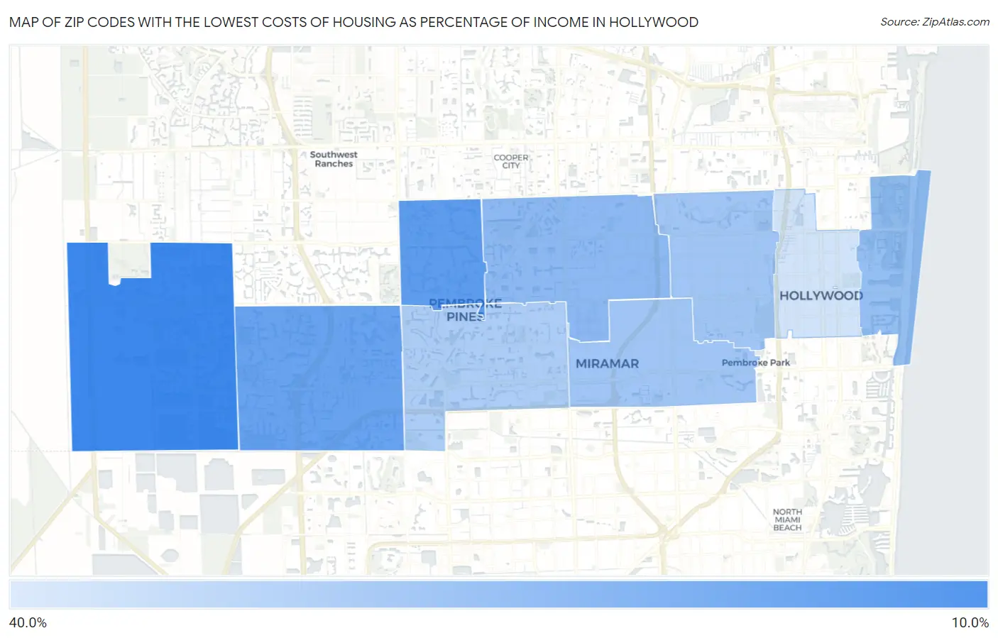 Zip Codes with the Lowest Costs of Housing as Percentage of Income in Hollywood Map