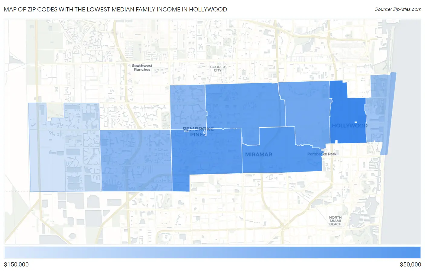 Zip Codes with the Lowest Median Family Income in Hollywood Map