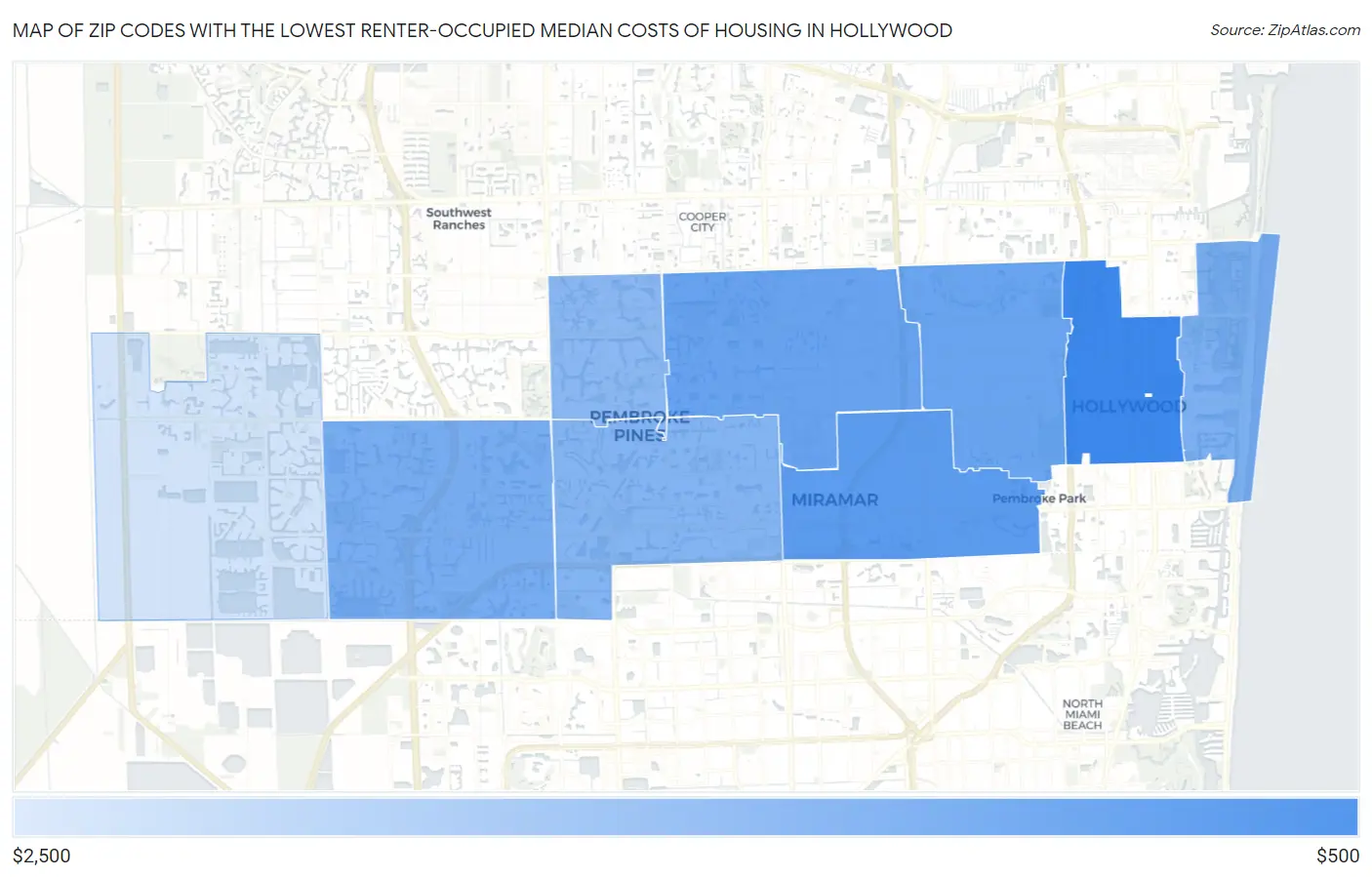 Zip Codes with the Lowest Renter-Occupied Median Costs of Housing in Hollywood Map