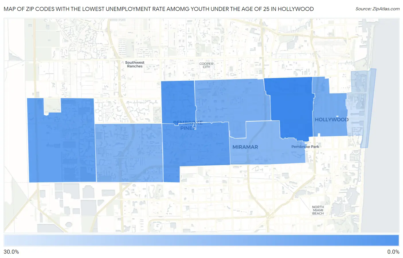 Zip Codes with the Lowest Unemployment Rate Amomg Youth Under the Age of 25 in Hollywood Map