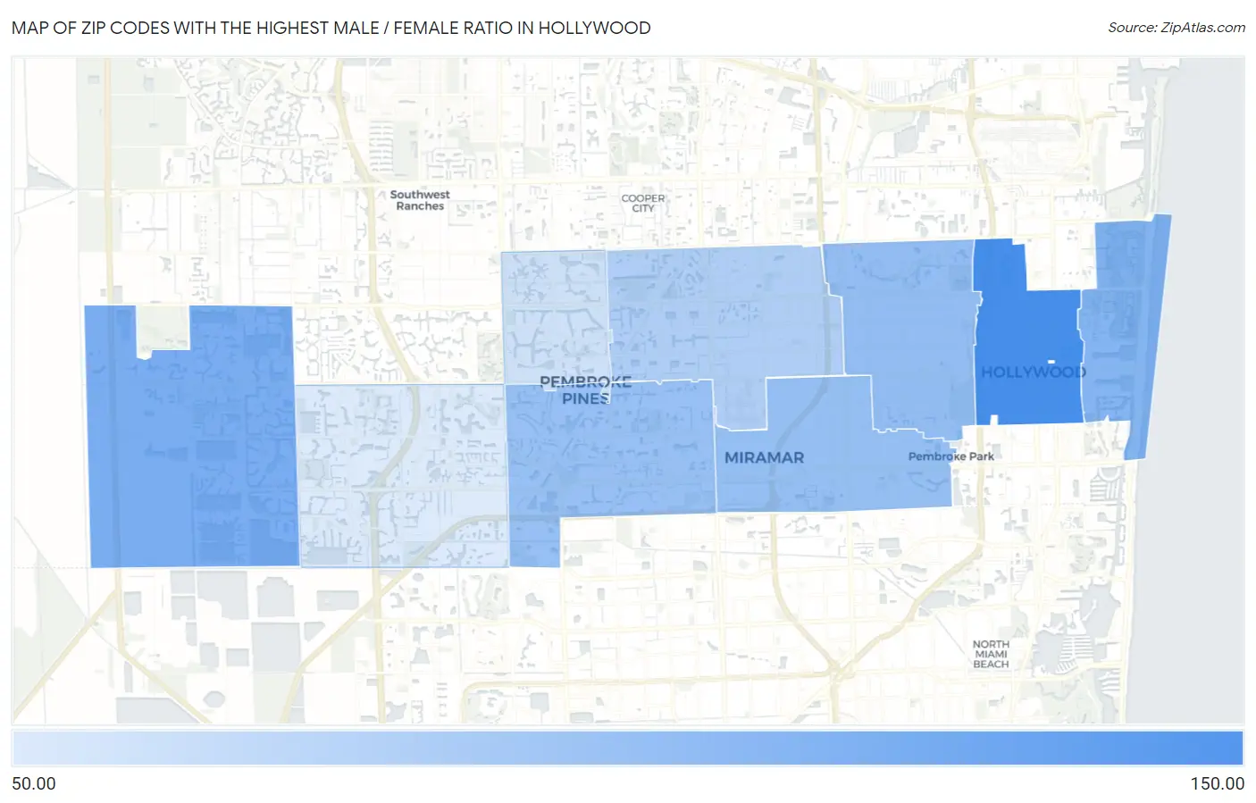 Zip Codes with the Highest Male / Female Ratio in Hollywood Map