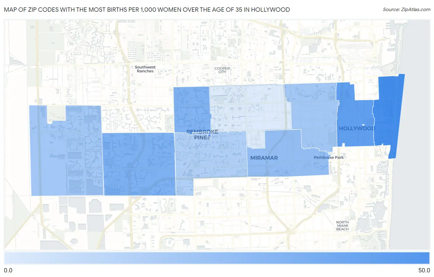 Zip Codes with the Most Births per 1,000 Women Over the Age of 35 in Hollywood Map