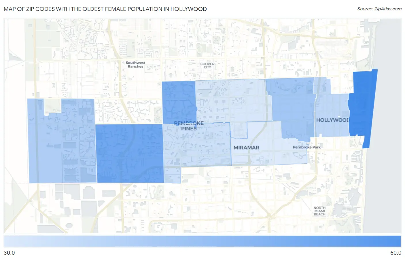 Zip Codes with the Oldest Female Population in Hollywood Map