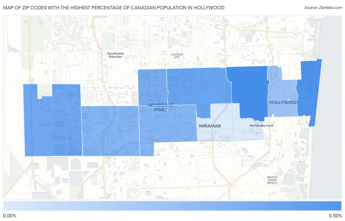 Zip Codes with the Highest Percentage of Canadian Population in Hollywood Map