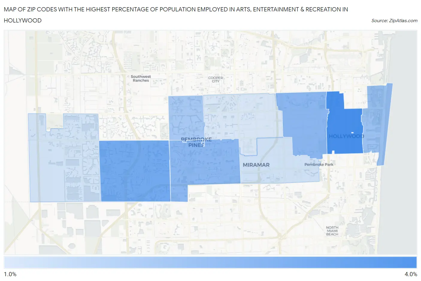 Zip Codes with the Highest Percentage of Population Employed in Arts, Entertainment & Recreation in Hollywood Map