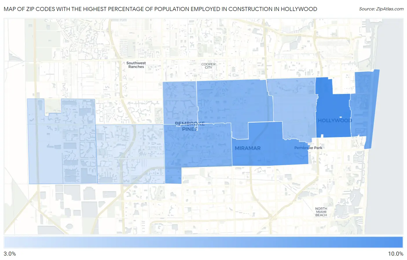 Zip Codes with the Highest Percentage of Population Employed in Construction in Hollywood Map