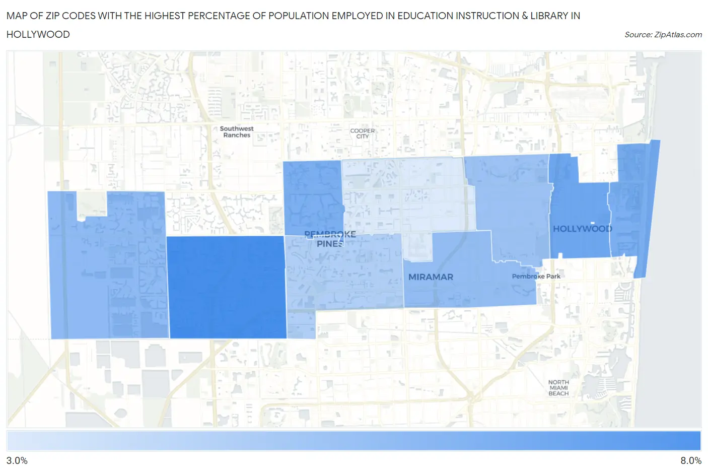 Zip Codes with the Highest Percentage of Population Employed in Education Instruction & Library in Hollywood Map