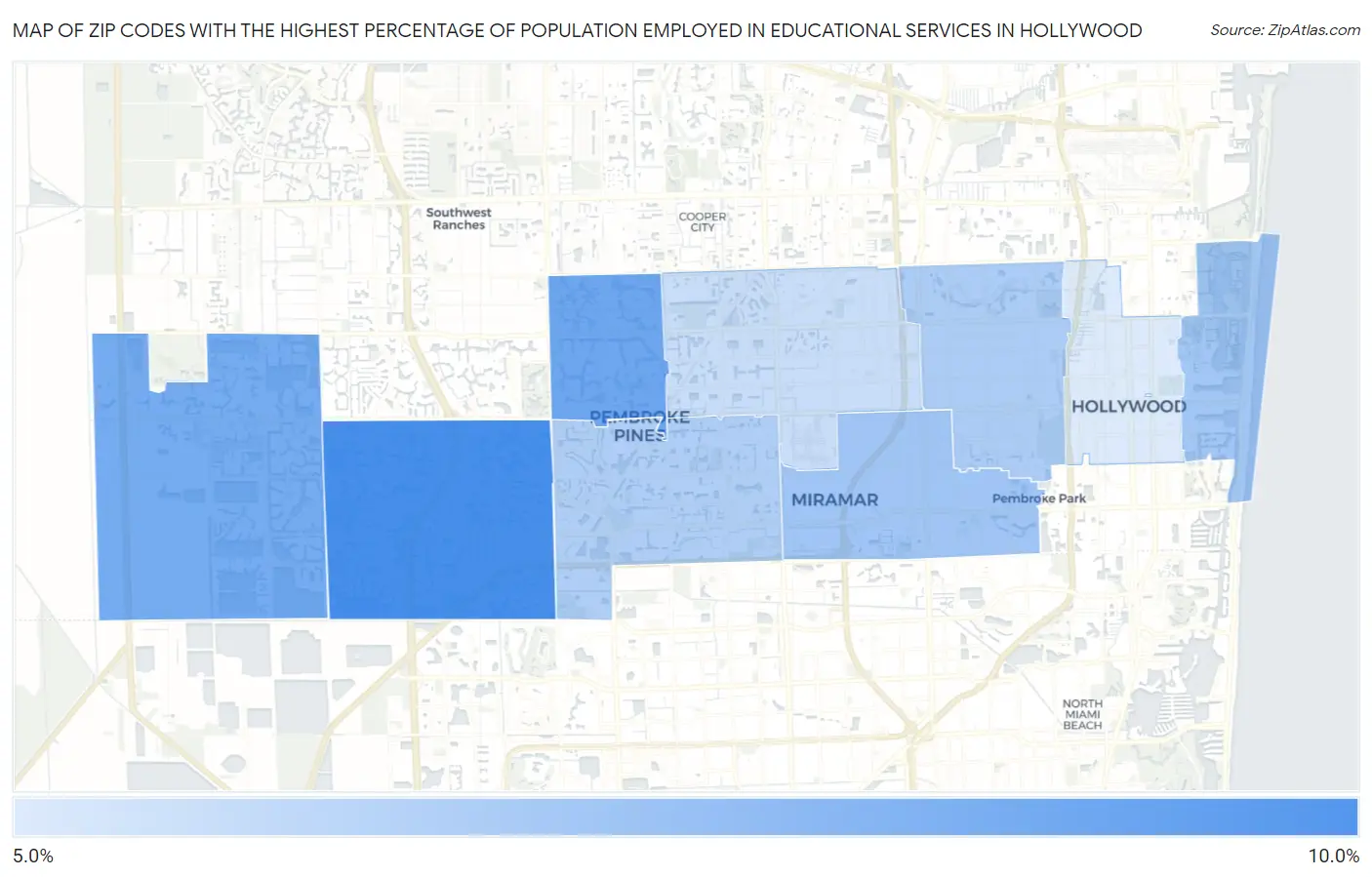 Zip Codes with the Highest Percentage of Population Employed in Educational Services in Hollywood Map