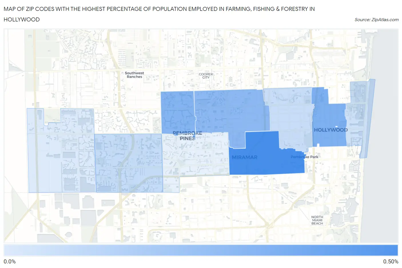 Zip Codes with the Highest Percentage of Population Employed in Farming, Fishing & Forestry in Hollywood Map