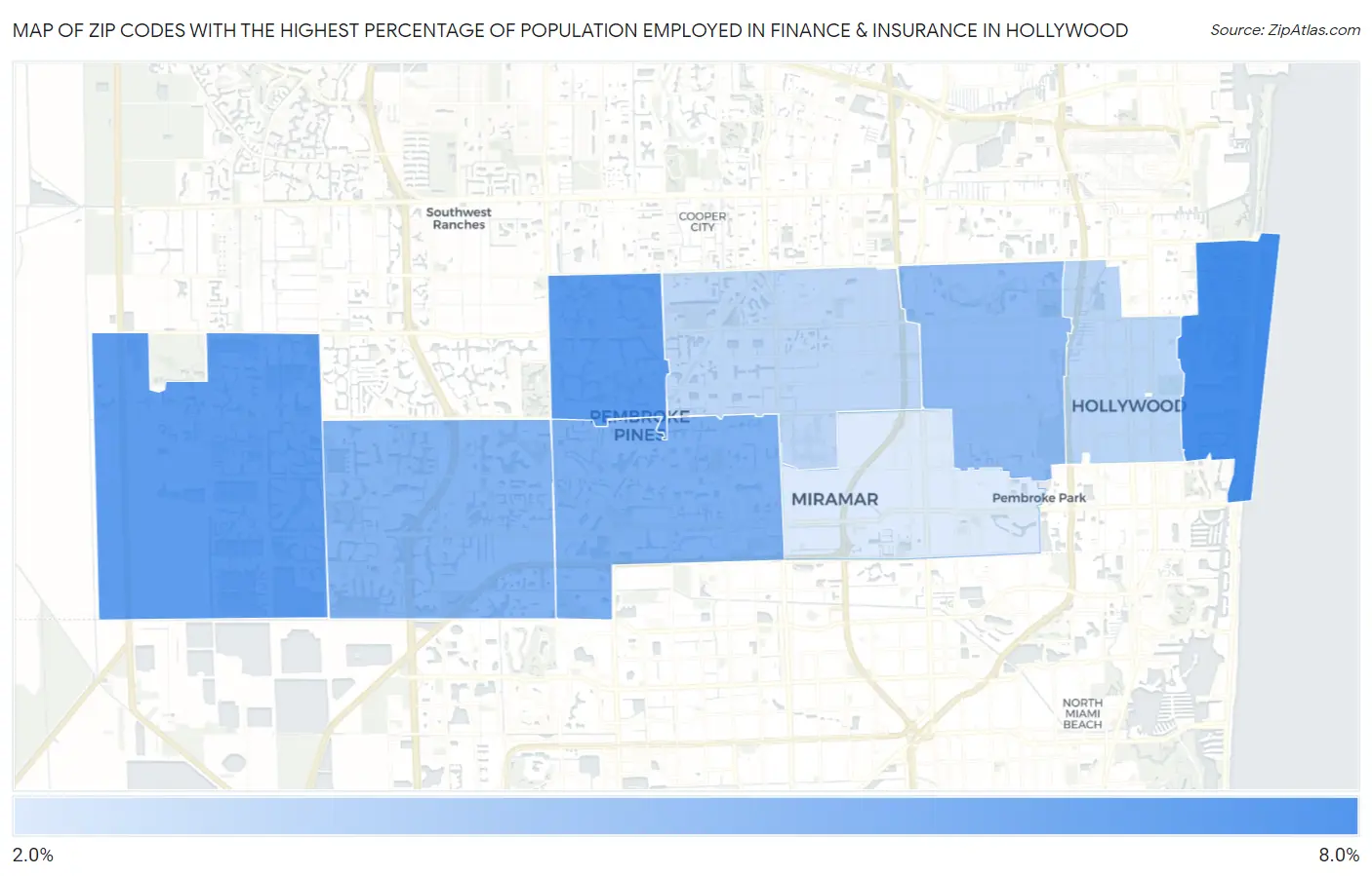 Zip Codes with the Highest Percentage of Population Employed in Finance & Insurance in Hollywood Map