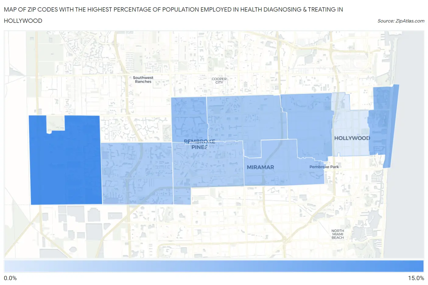 Zip Codes with the Highest Percentage of Population Employed in Health Diagnosing & Treating in Hollywood Map