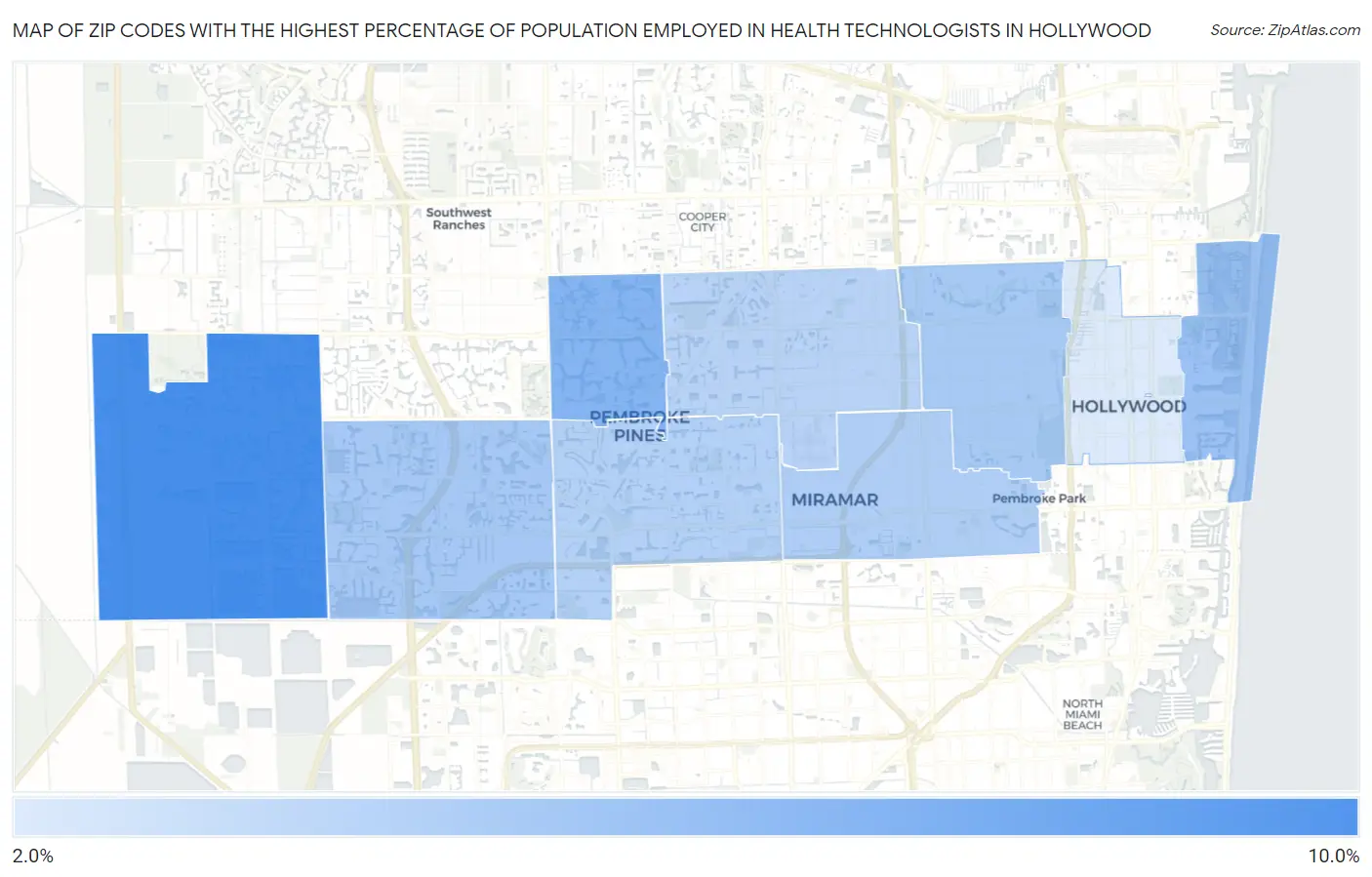 Zip Codes with the Highest Percentage of Population Employed in Health Technologists in Hollywood Map