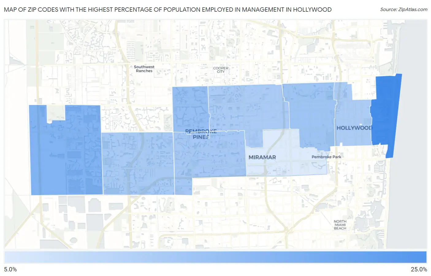 Zip Codes with the Highest Percentage of Population Employed in Management in Hollywood Map