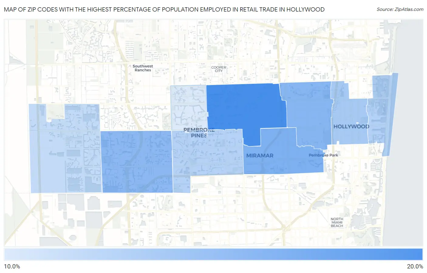 Zip Codes with the Highest Percentage of Population Employed in Retail Trade in Hollywood Map