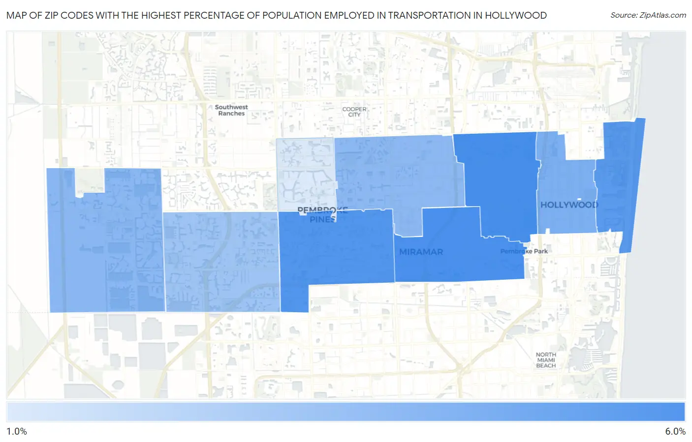 Zip Codes with the Highest Percentage of Population Employed in Transportation in Hollywood Map
