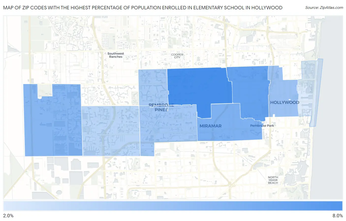 Zip Codes with the Highest Percentage of Population Enrolled in Elementary School in Hollywood Map
