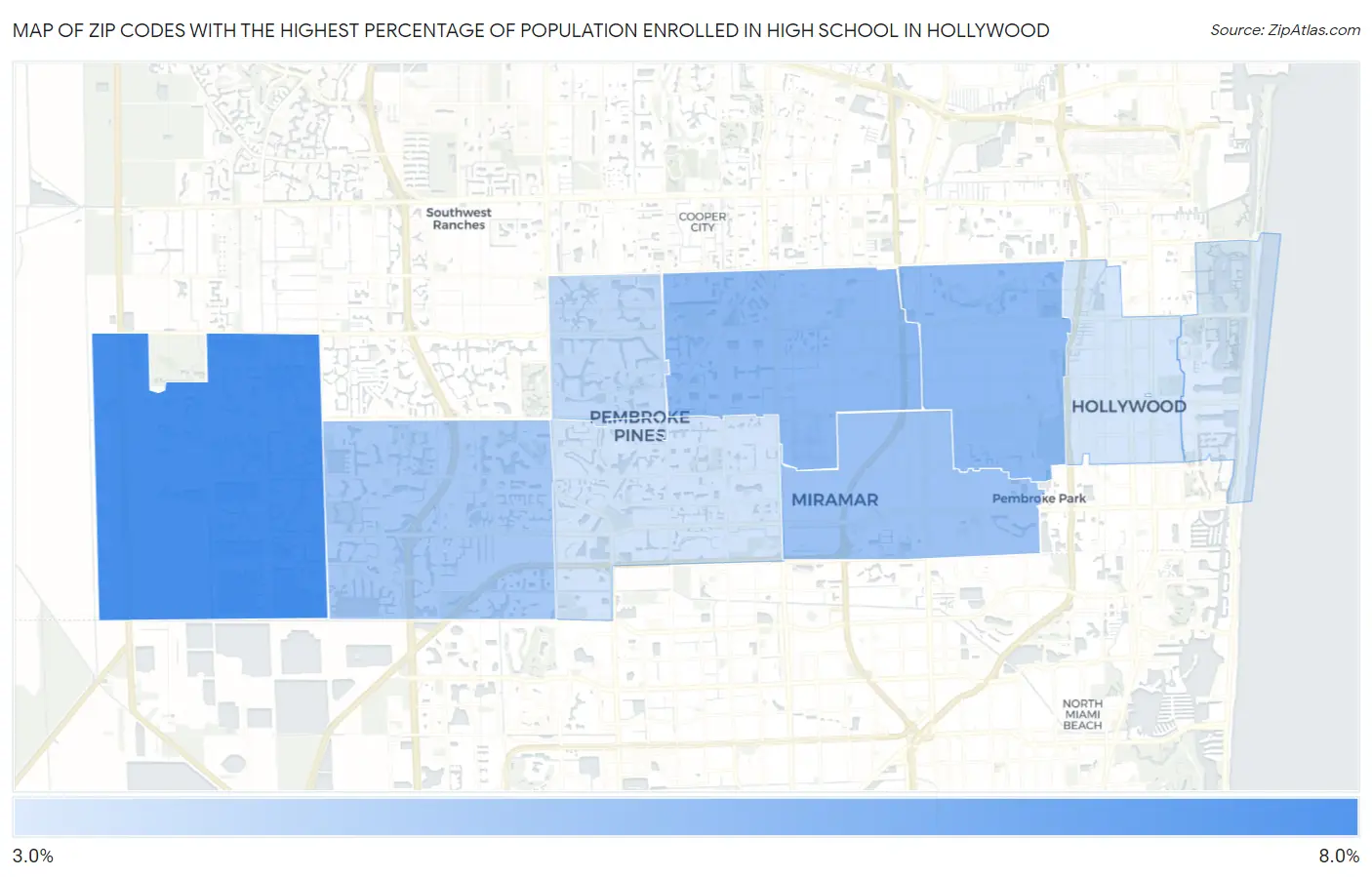 Zip Codes with the Highest Percentage of Population Enrolled in High School in Hollywood Map