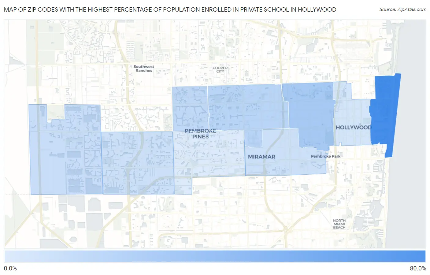 Zip Codes with the Highest Percentage of Population Enrolled in Private School in Hollywood Map