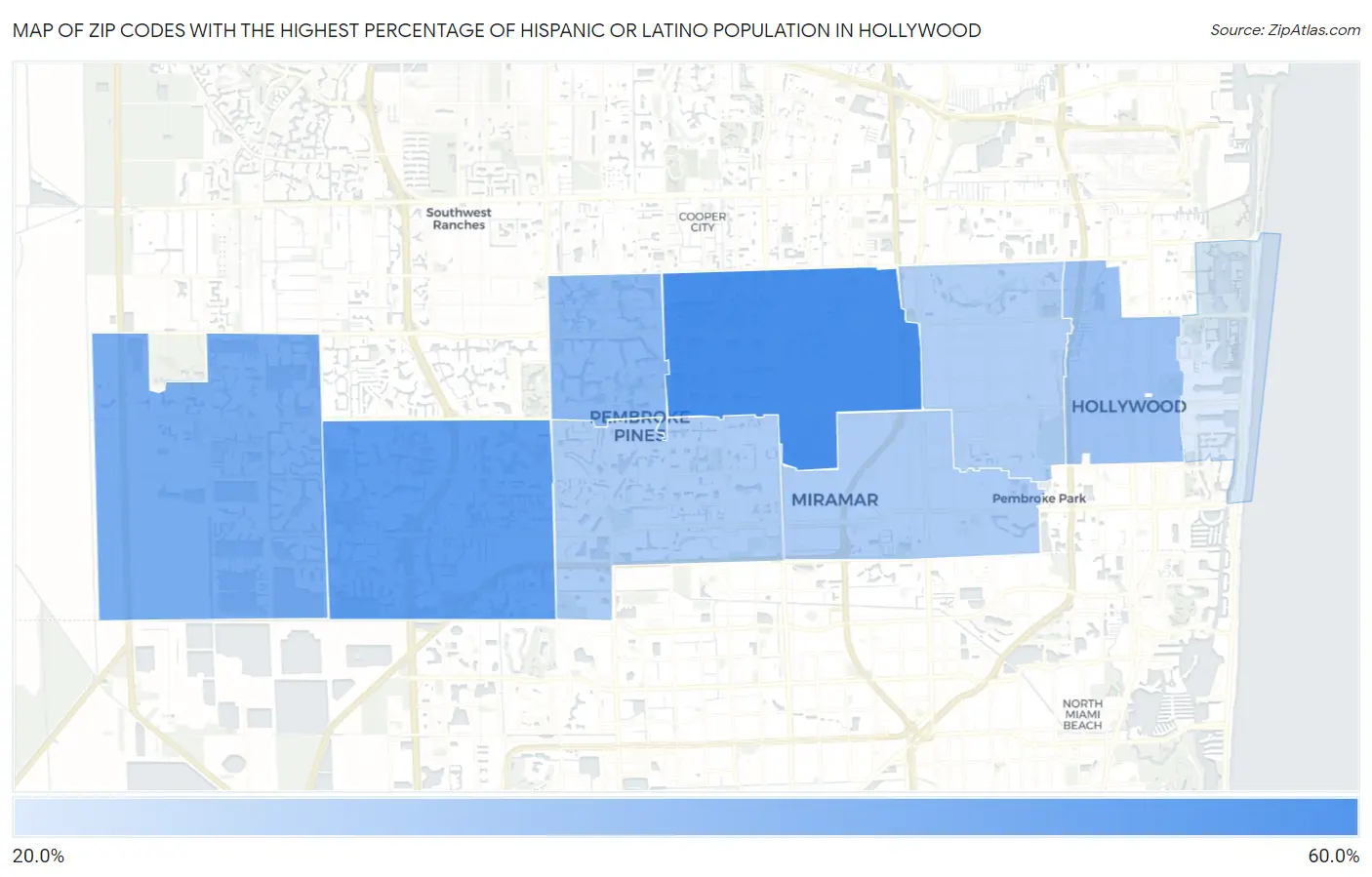 Zip Codes with the Highest Percentage of Hispanic or Latino Population in Hollywood Map