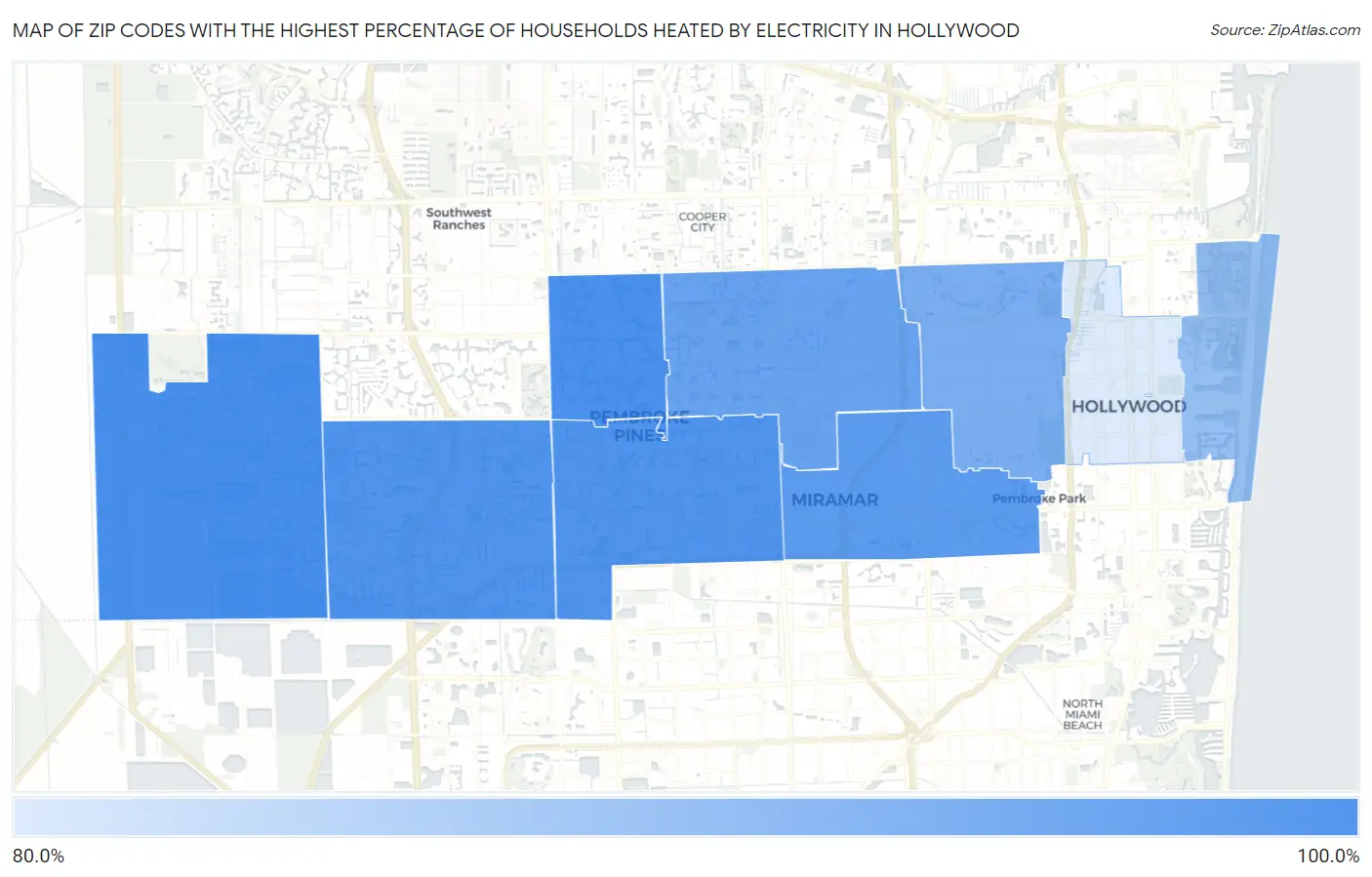 Zip Codes with the Highest Percentage of Households Heated by Electricity in Hollywood Map