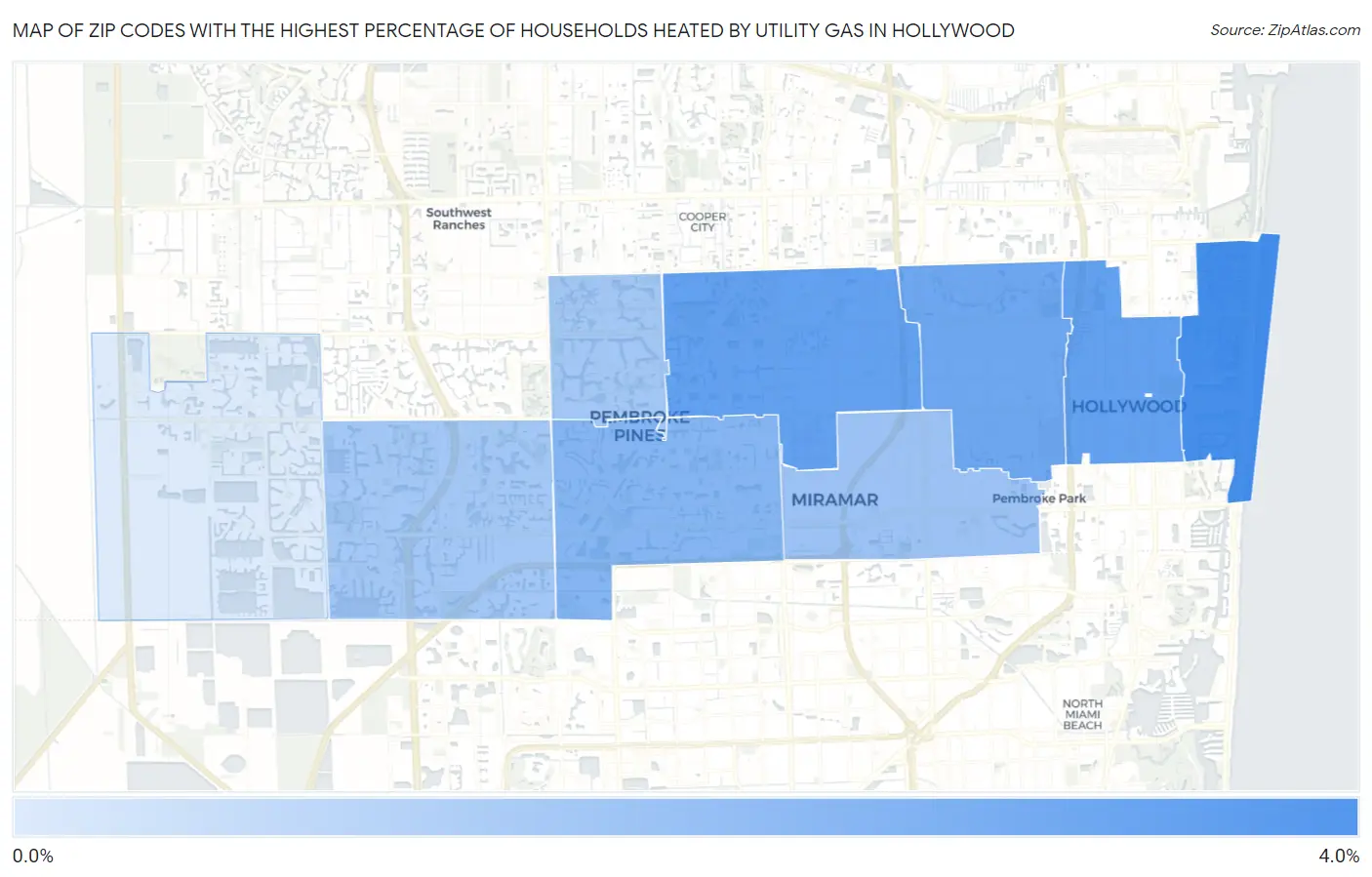 Zip Codes with the Highest Percentage of Households Heated by Utility Gas in Hollywood Map