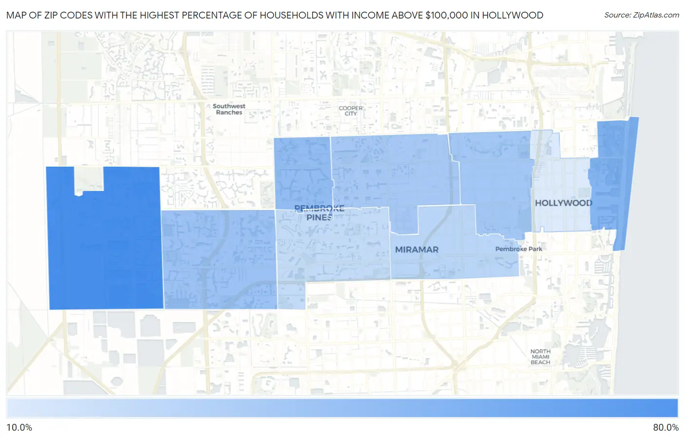 Zip Codes with the Highest Percentage of Households with Income Above $100,000 in Hollywood Map