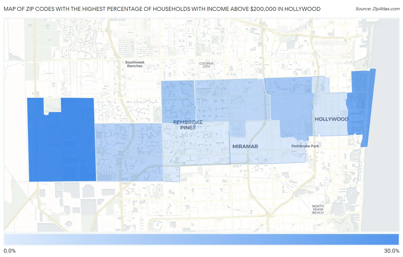 Zip Codes with the Highest Percentage of Households with Income Above $200,000 in Hollywood Map