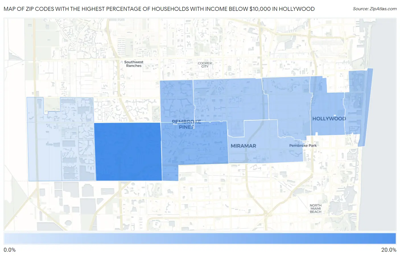 Zip Codes with the Highest Percentage of Households with Income Below $10,000 in Hollywood Map