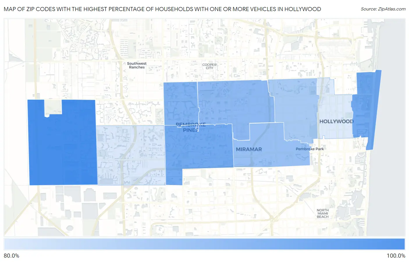 Zip Codes with the Highest Percentage of Households With One or more Vehicles in Hollywood Map