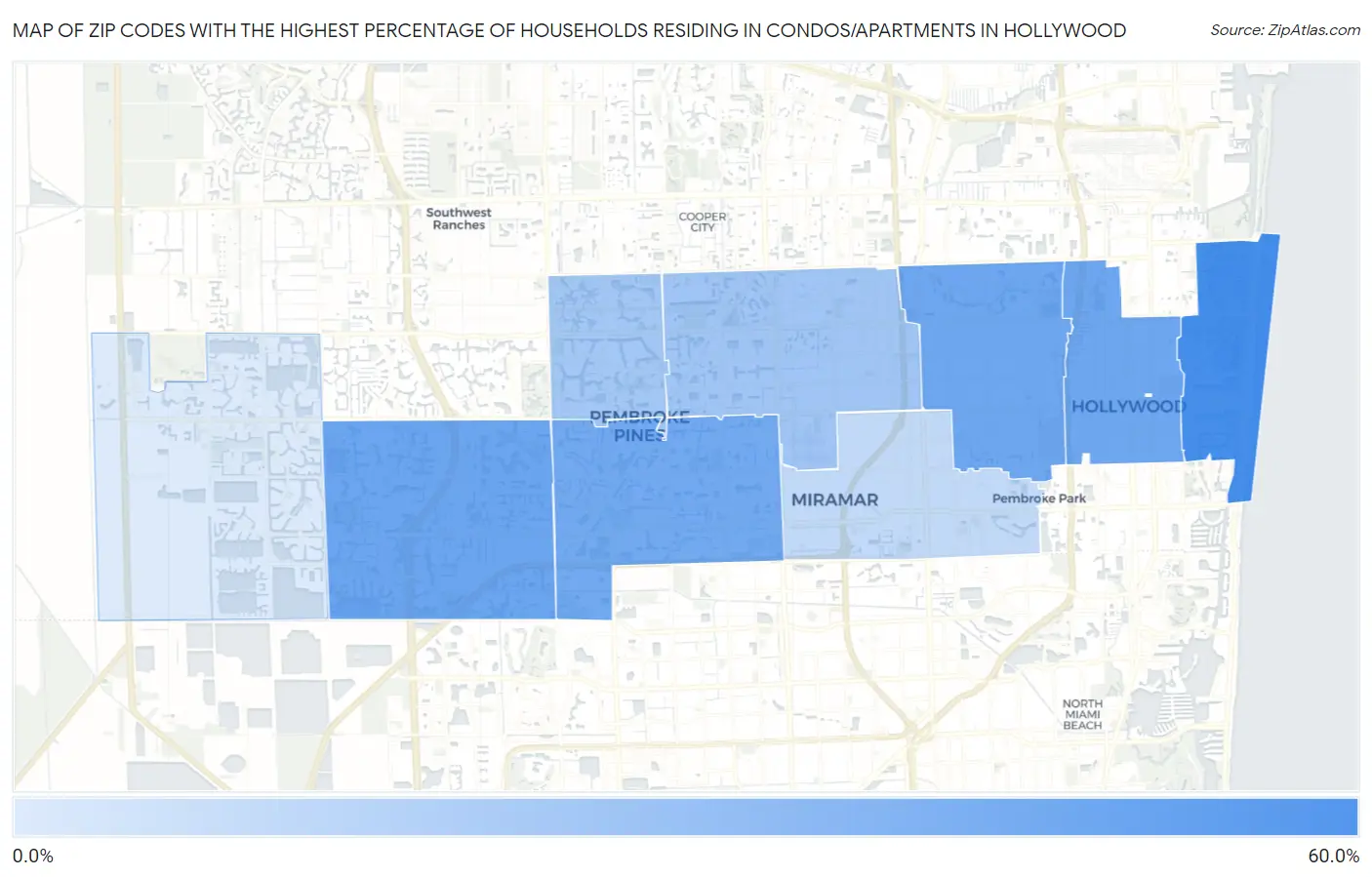 Zip Codes with the Highest Percentage of Households Residing in Condos/Apartments in Hollywood Map