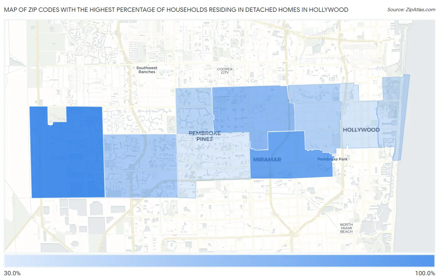 Zip Codes with the Highest Percentage of Households Residing in Detached Homes in Hollywood Map