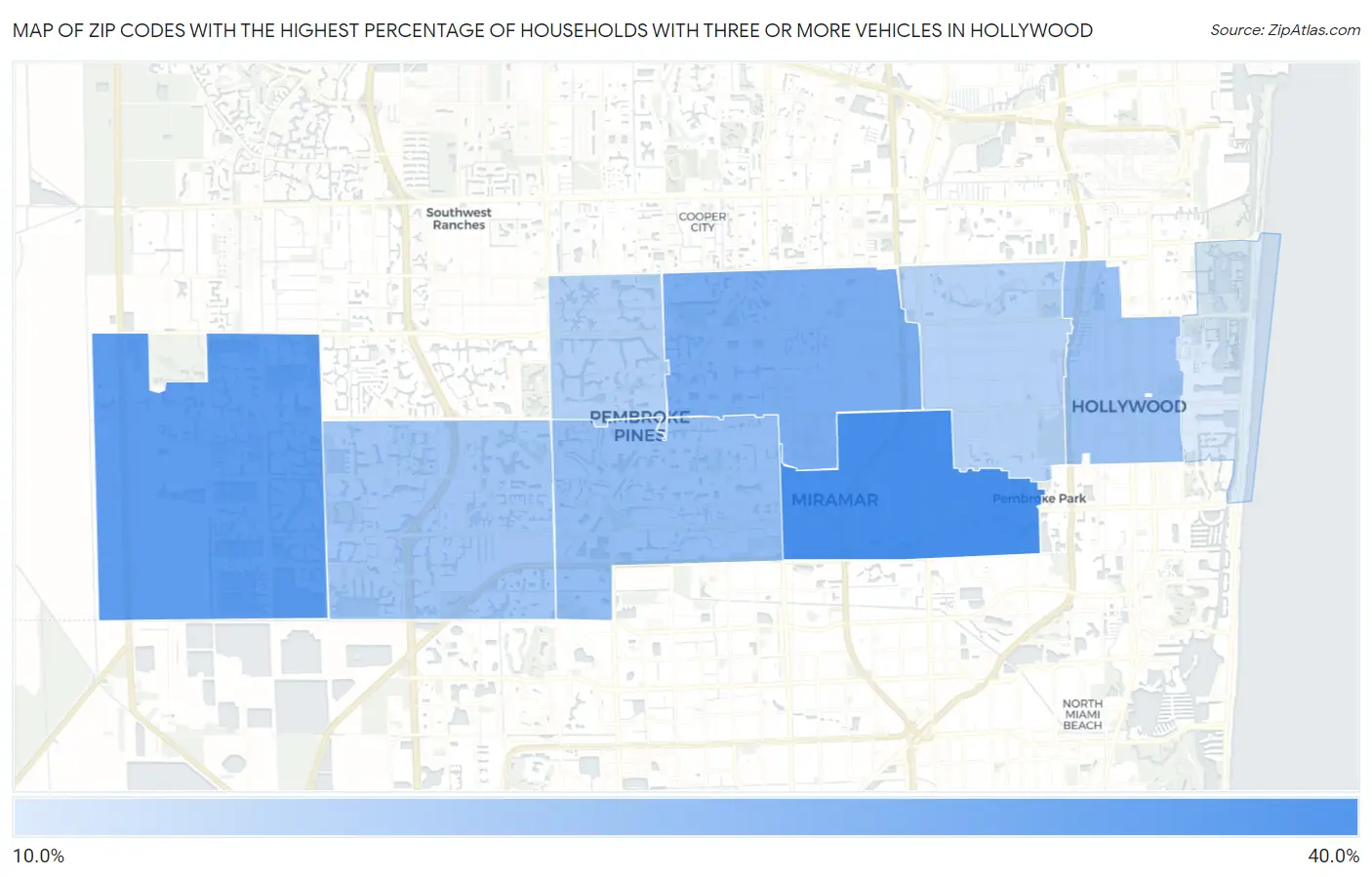 Zip Codes with the Highest Percentage of Households With Three or more Vehicles in Hollywood Map