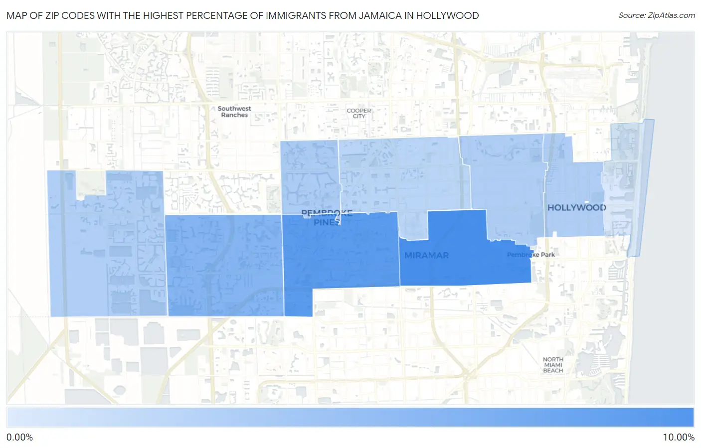 Zip Codes with the Highest Percentage of Immigrants from Jamaica in Hollywood Map