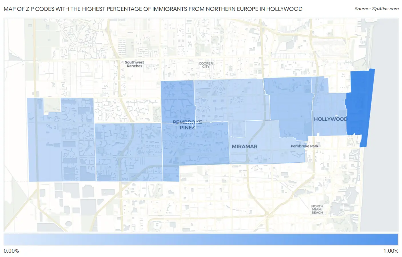 Zip Codes with the Highest Percentage of Immigrants from Northern Europe in Hollywood Map