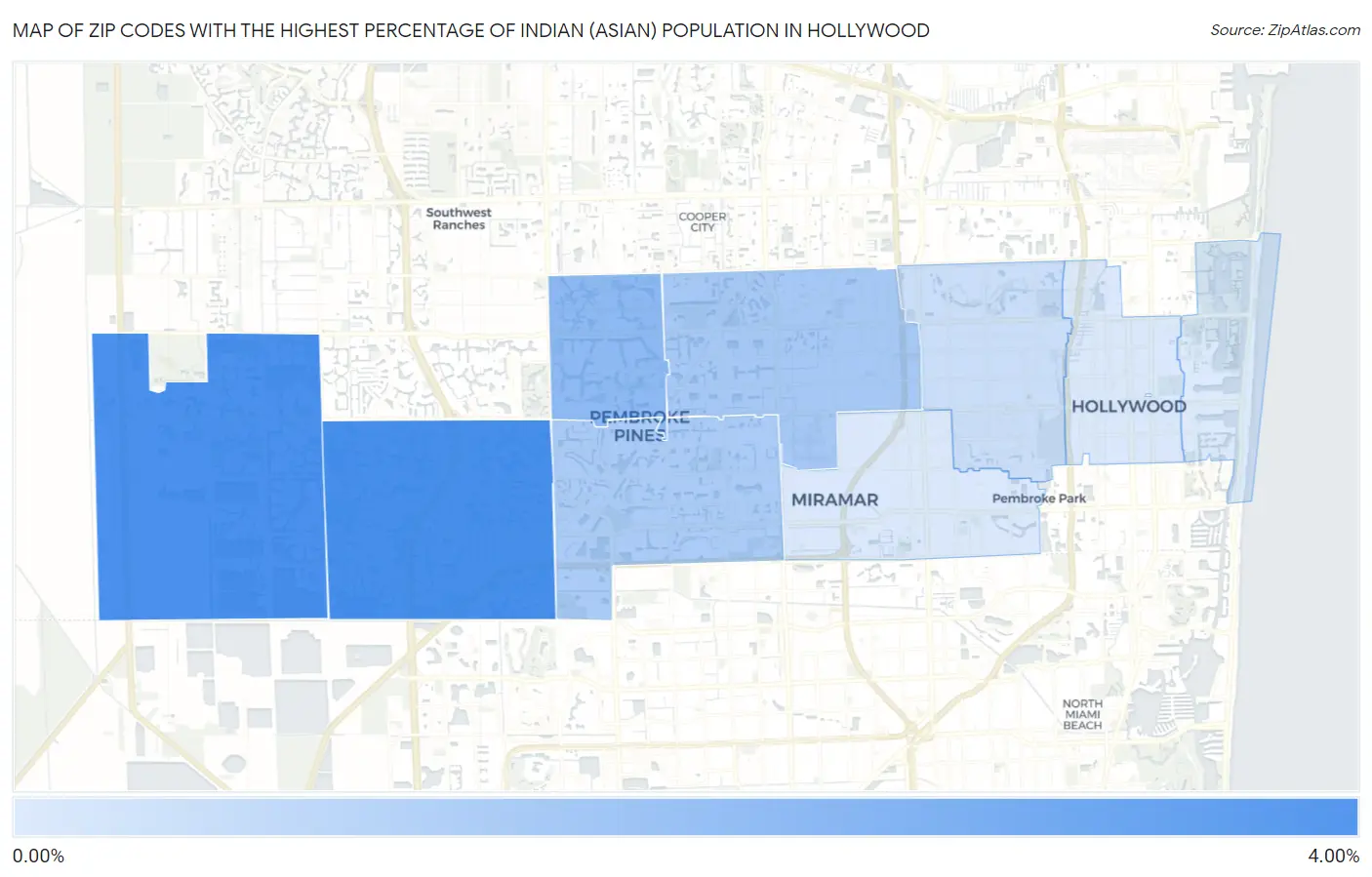 Zip Codes with the Highest Percentage of Indian (Asian) Population in Hollywood Map