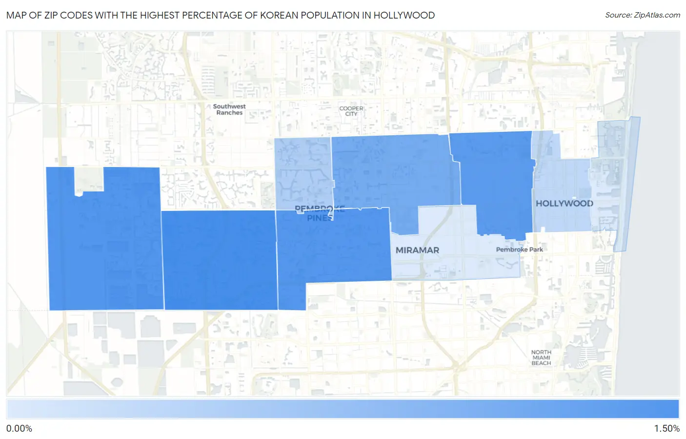 Zip Codes with the Highest Percentage of Korean Population in Hollywood Map